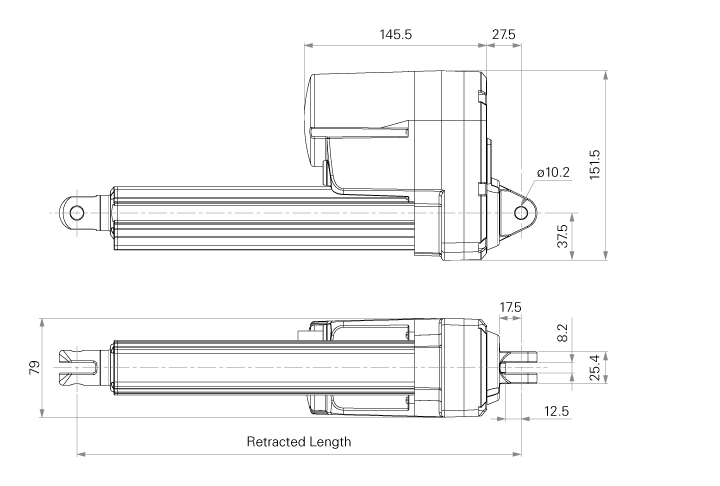 Standard dimension of TiMOTION’s MA2 Series heavy duty linear actuator