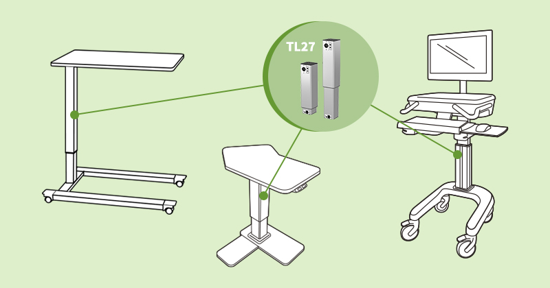 Electric actuators for side tables and nursing carts